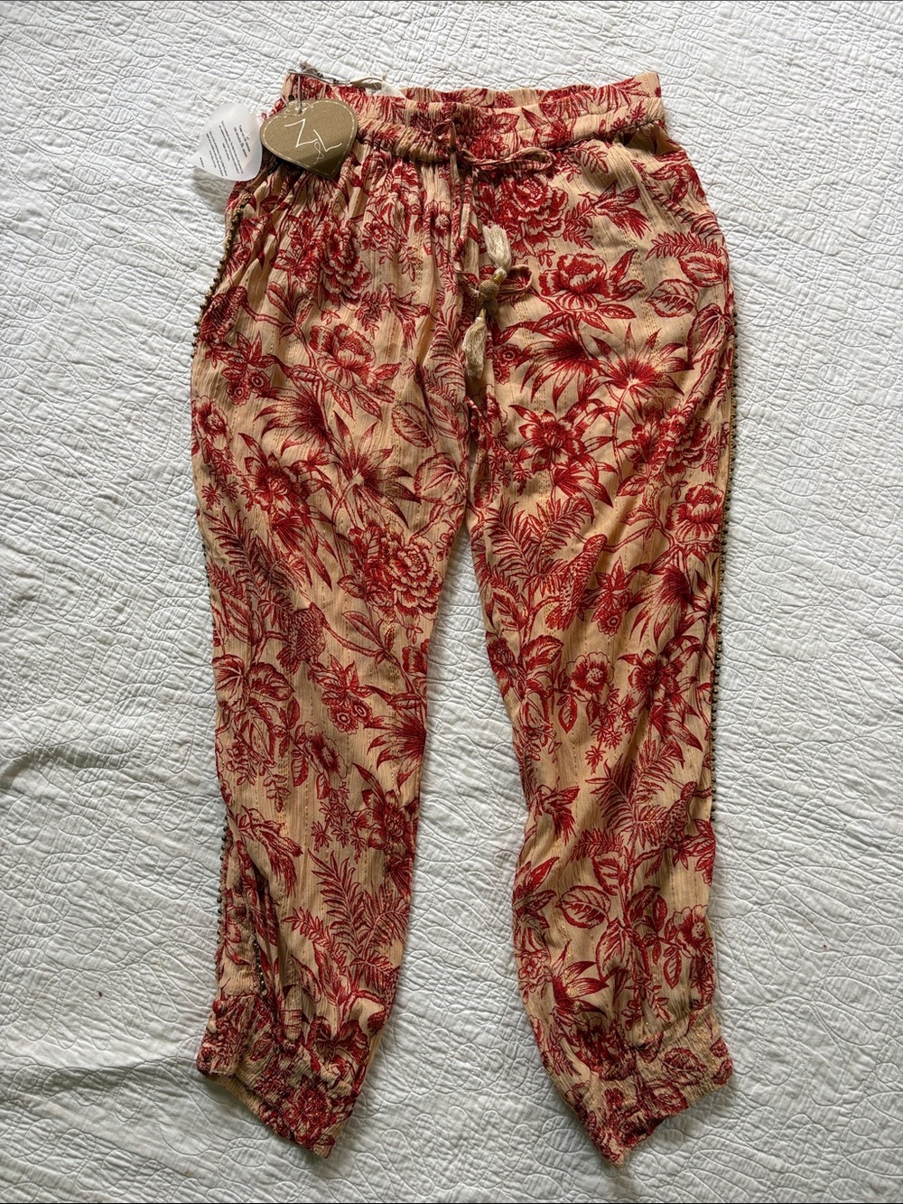 NEW Z&L EUROPE floral pants in red multi with beaded sides